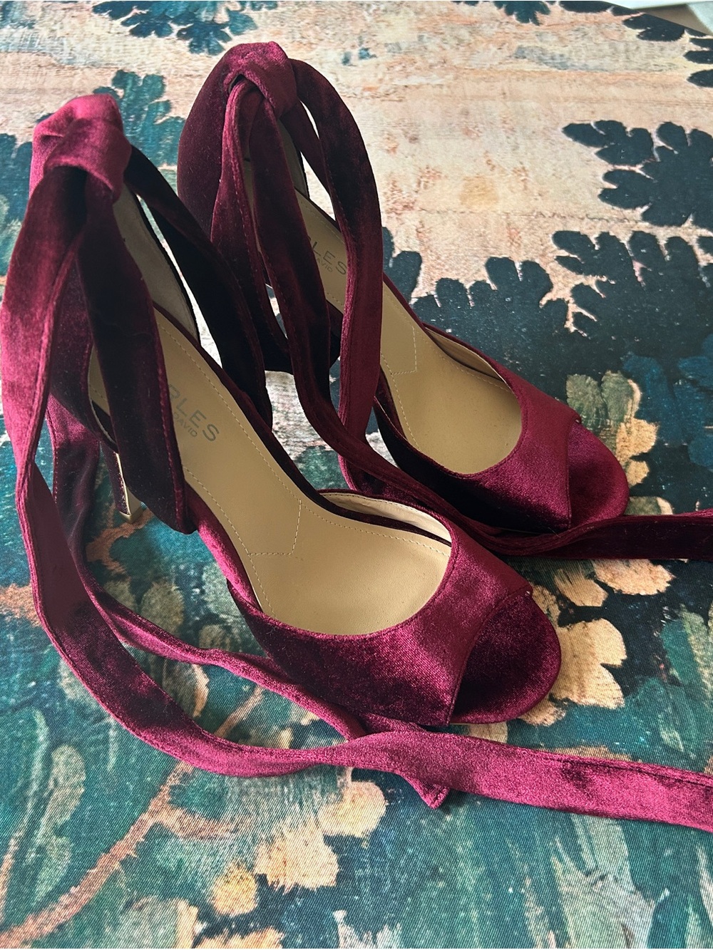 Women's Velvet Peep-Toe Lace-Up Heels in Burgundy